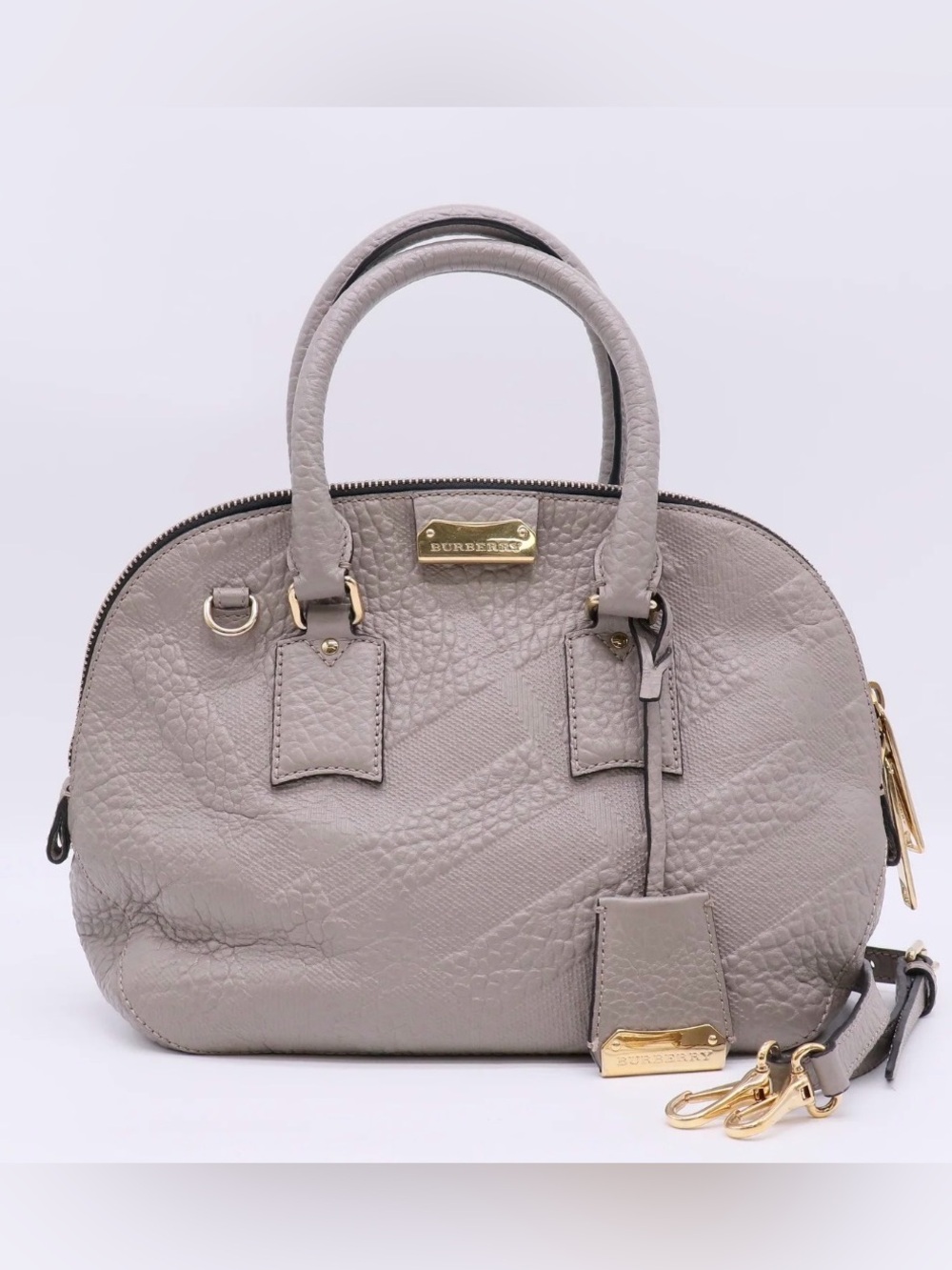 Burberry Pebbled Leather Dome Satchel Heritage Grain Check Embossed Small Taupe